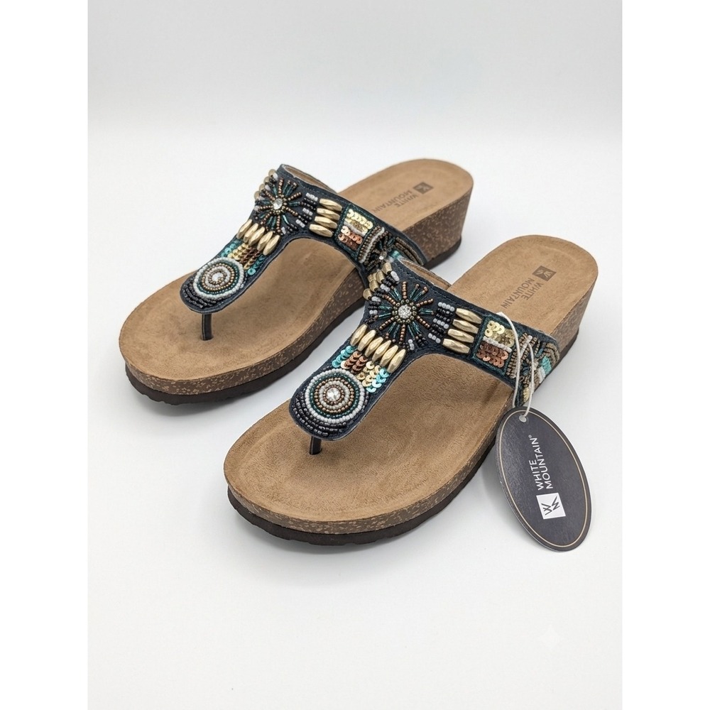 White Mountain Brilliant Beaded Leather Wedge Sandals NWT - Picture 2 of 9